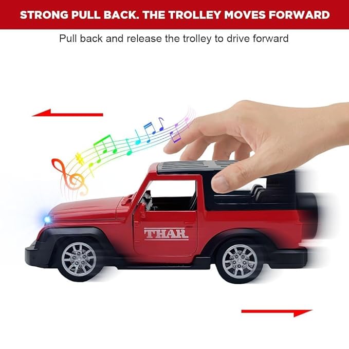 XQZMEE 1:32 Scale Die Cast Metal Pull Back Thar Car Toy for Kids with Openable Doors, Light & Music | Pack of 1 (Red Rage)