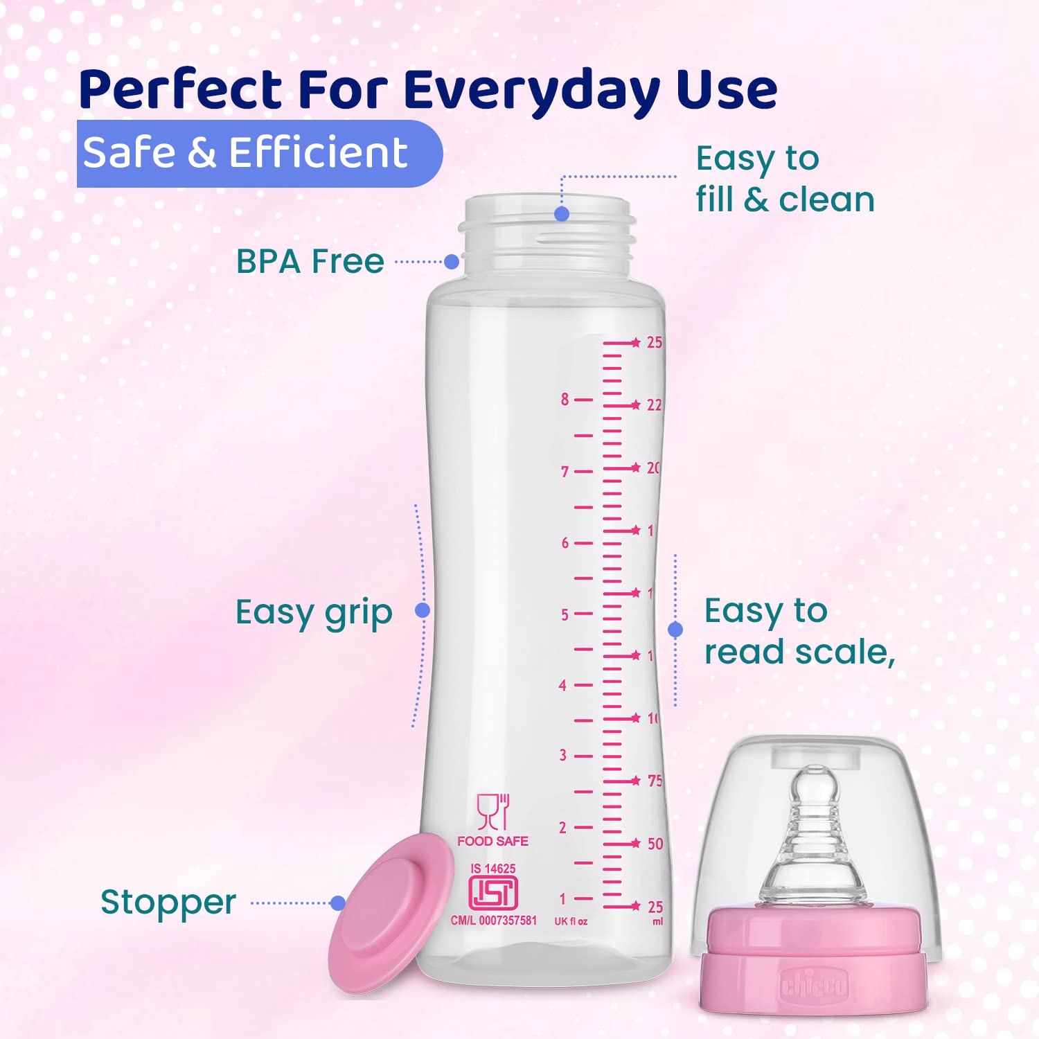 Chicco feed easy Milk Feeding Bottle for Babies & Toddlers, V-Shaped Anti-Colic System to Prevent Colic, Gas & Discomfort, For Comfortable latch, Ultra-Soft Silicone Nipple, Spill-Proof Cap & Stopper, BPA-free, Medium Flow, 2m+ (Pink, 250 ml Bottle, Pink)