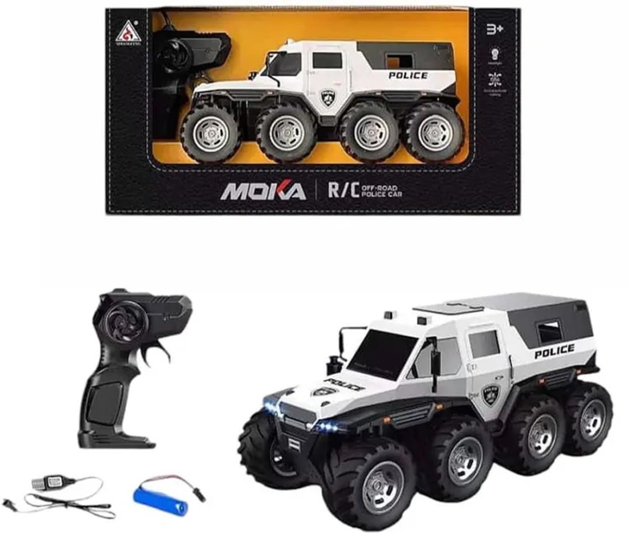 KUDOSS Big Rechargeable Remote Control 8 Tyres Police Patrol Moka 4x4 Stunt Car.Police Themed Moka Car for Kids 40MHz,1:16 Scale.