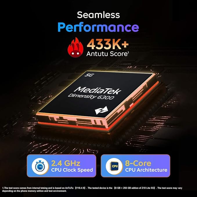 iQOO Z10 Lite 5G (Titanium Blue, 4GB RAM, 128GB Storage) | 6000 mAh Battery | Dimensity 6300 5G Processor with 433K+* AnTuTu Score | IP64 Rated & Military Grade Shock-Resistance*