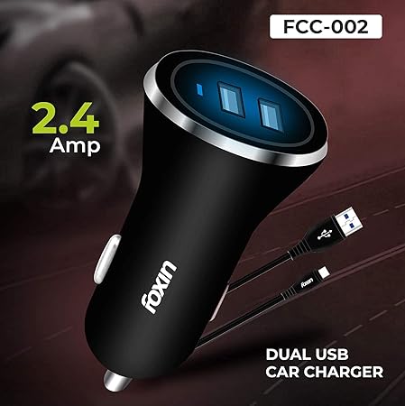 Foxin Fcc-002 Dual Port USB for Car Charger, Charging Adapter, Black