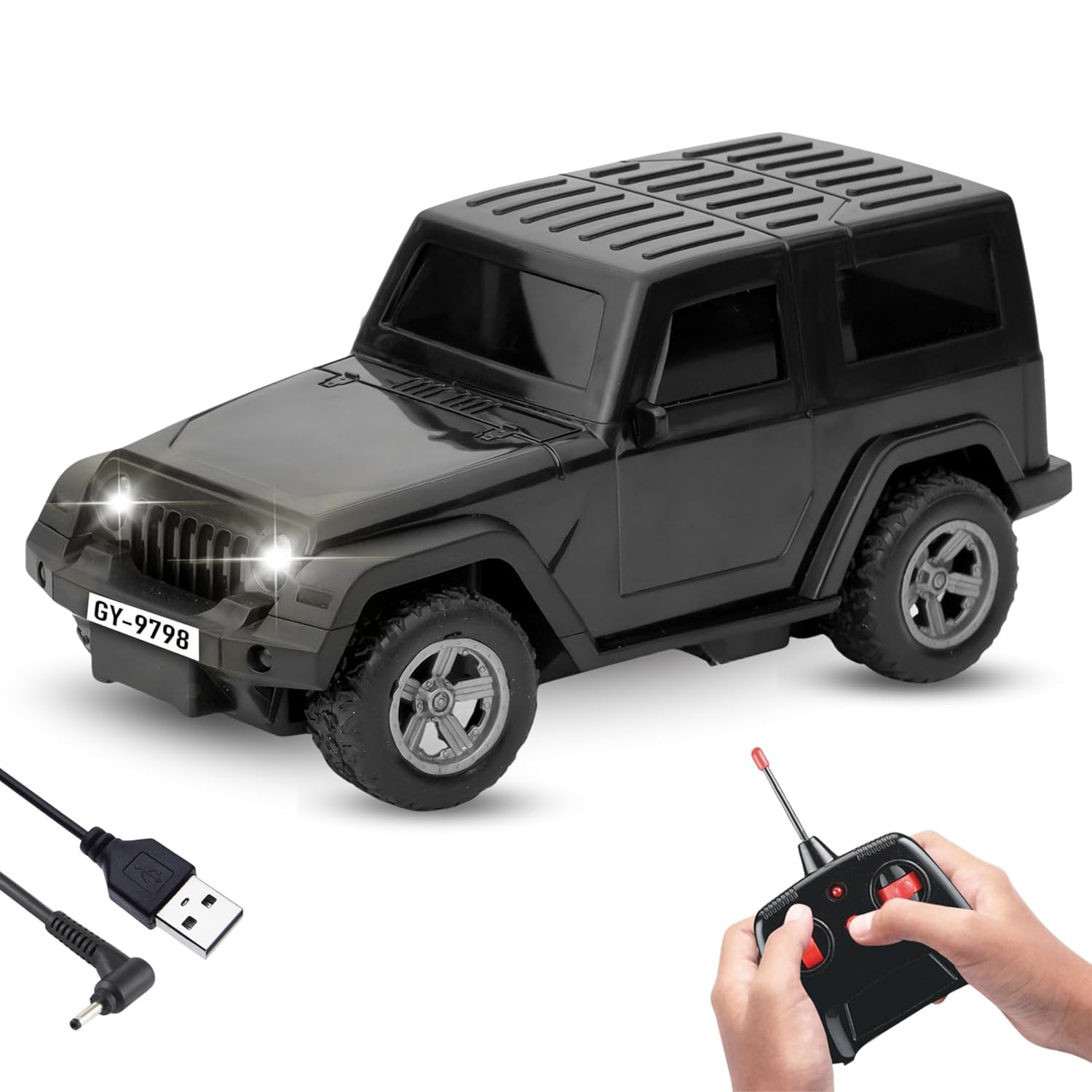 Thar Remote Control Car for Kids | Rc Rechargeable Toy 1:24 Scale with Extra Tyre, Lights & Music | High-Speed Off-Road Vehicle | Best Gift for Unisex Child (Ages 3-6) | Black