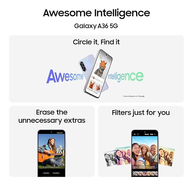 Samsung Galaxy A36 5G (Awesome Black, 8GB, 128GB) | Gemini Live | Awesome Intelligence (AI): Circle to Search, My Filter, Object Eraser | 4nm Snapdragon Processor | Flagship Grade Camera