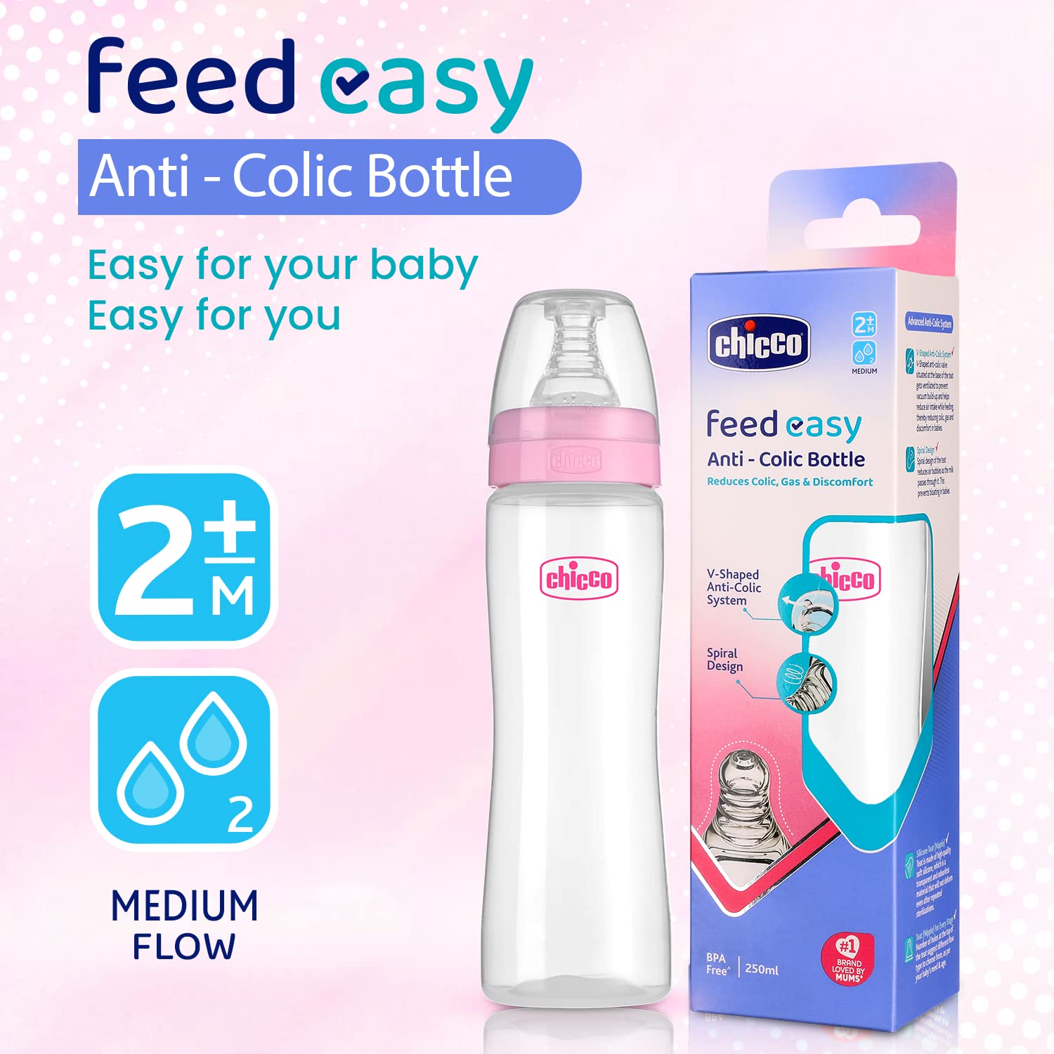 Chicco feed easy Milk Feeding Bottle for Babies & Toddlers, V-Shaped Anti-Colic System to Prevent Colic, Gas & Discomfort, For Comfortable latch, Ultra-Soft Silicone Nipple, Spill-Proof Cap & Stopper, BPA-free, Medium Flow, 2m+ (Pink, 250 ml Bottle, Pink)
