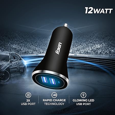 Foxin Fcc-002 Dual Port USB for Car Charger, Charging Adapter, Black