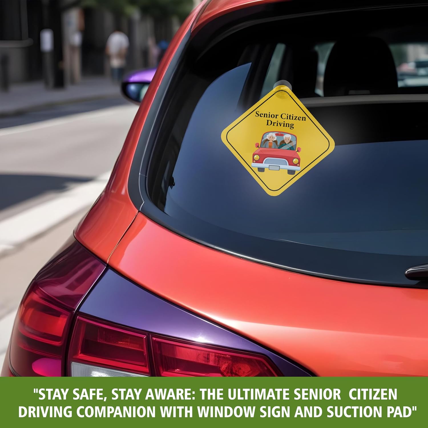 Car Safety Warning Sign, Senior Citizen On Board Sticker with Suction Cup, Window Display