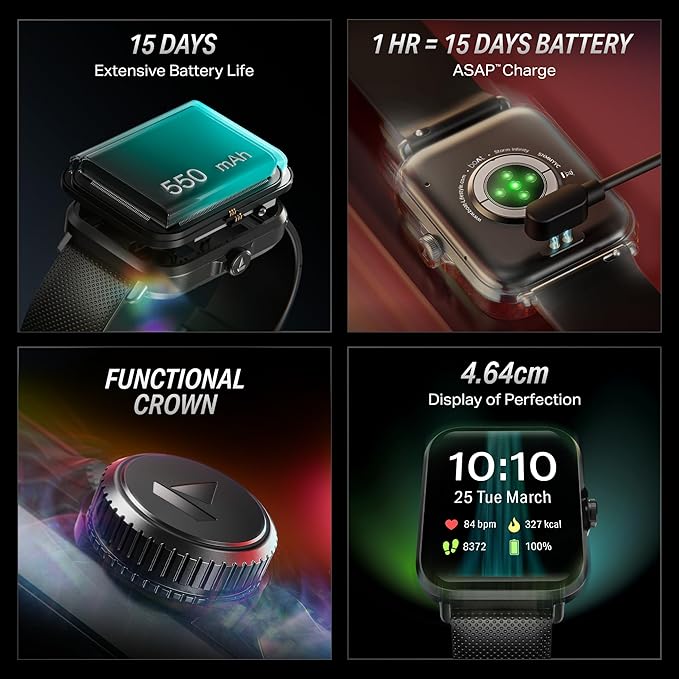 boAt New Launch Storm Infinity w/15 Days Extensive Battery fueled by Huge 550mAh Battery, Fast Charge, 1.83”(4.65cm)HD Display, Functional Crown, BT Calling, Smart watch for Men & Women (Active Black)
