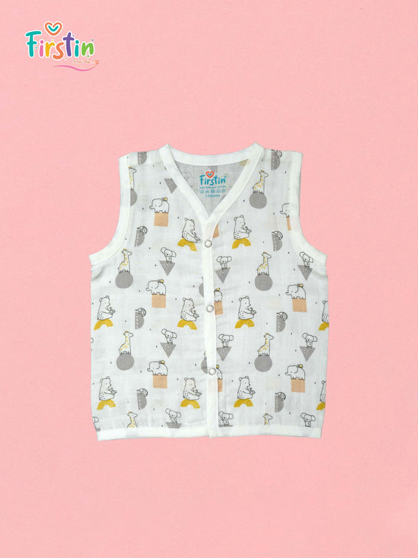 FIRSTIN Muslin Jabla Snap Button Sleeveless Assorted (3 Pcs combo pack) (6 pcs combo pack