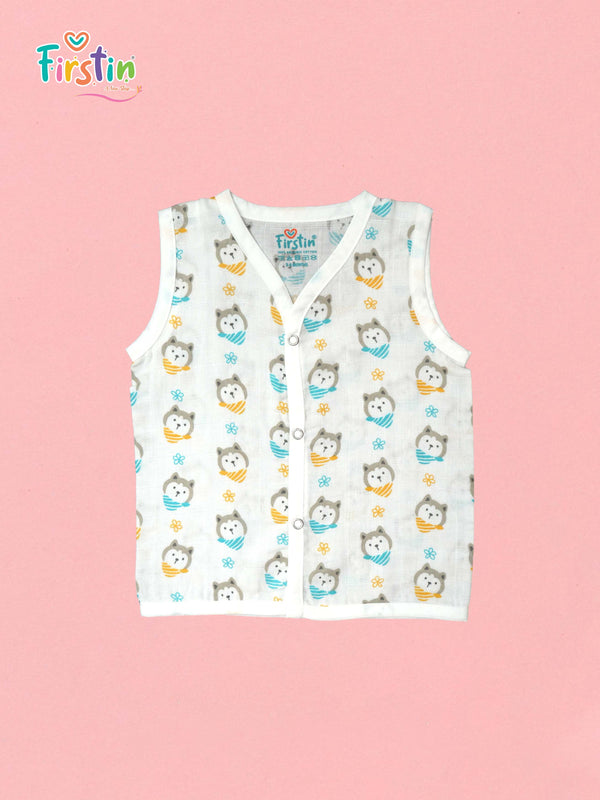 FIRSTIN Muslin Jabla Snap Button Sleeveless Assorted (3 Pcs combo pack) (6 pcs combo pack