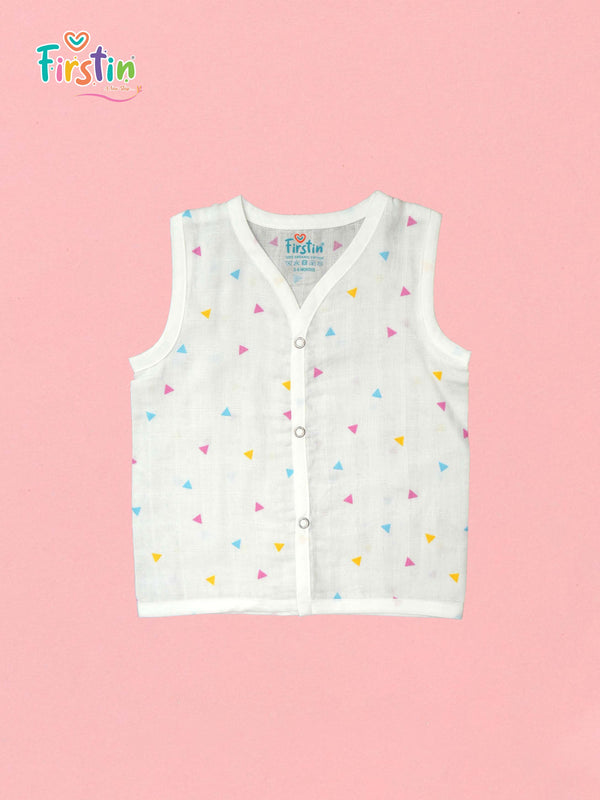 FIRSTIN Muslin Jabla Snap Button Sleeveless Assorted (3 Pcs combo pack) (6 pcs combo pack