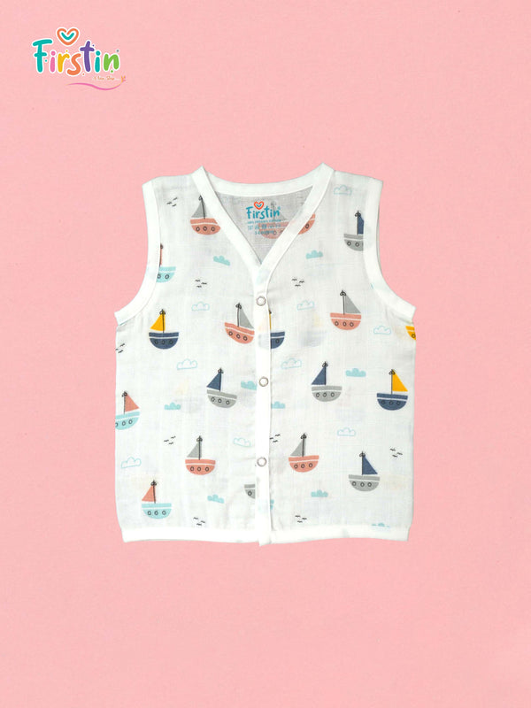 FIRSTIN Muslin Jabla Snap Button Sleeveless Assorted (3 Pcs combo pack) (6 pcs combo pack