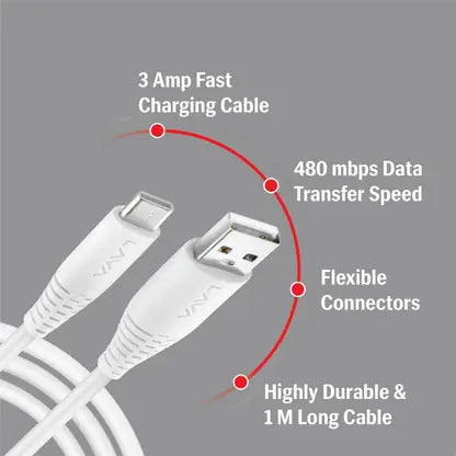 LAVA USB Type C Cable 2 A 1 m D3 Strong UM  (Compatible with Mobile, White, One Cable)