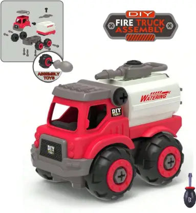 DIY Fire Truck Toy - Mini Assembly STEM Construction Building Toy & Screwdriver (Red)