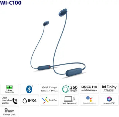 SONY WI-C100 with 25 Hours Battery Life Bluetooth  (Blue, In the Ear)