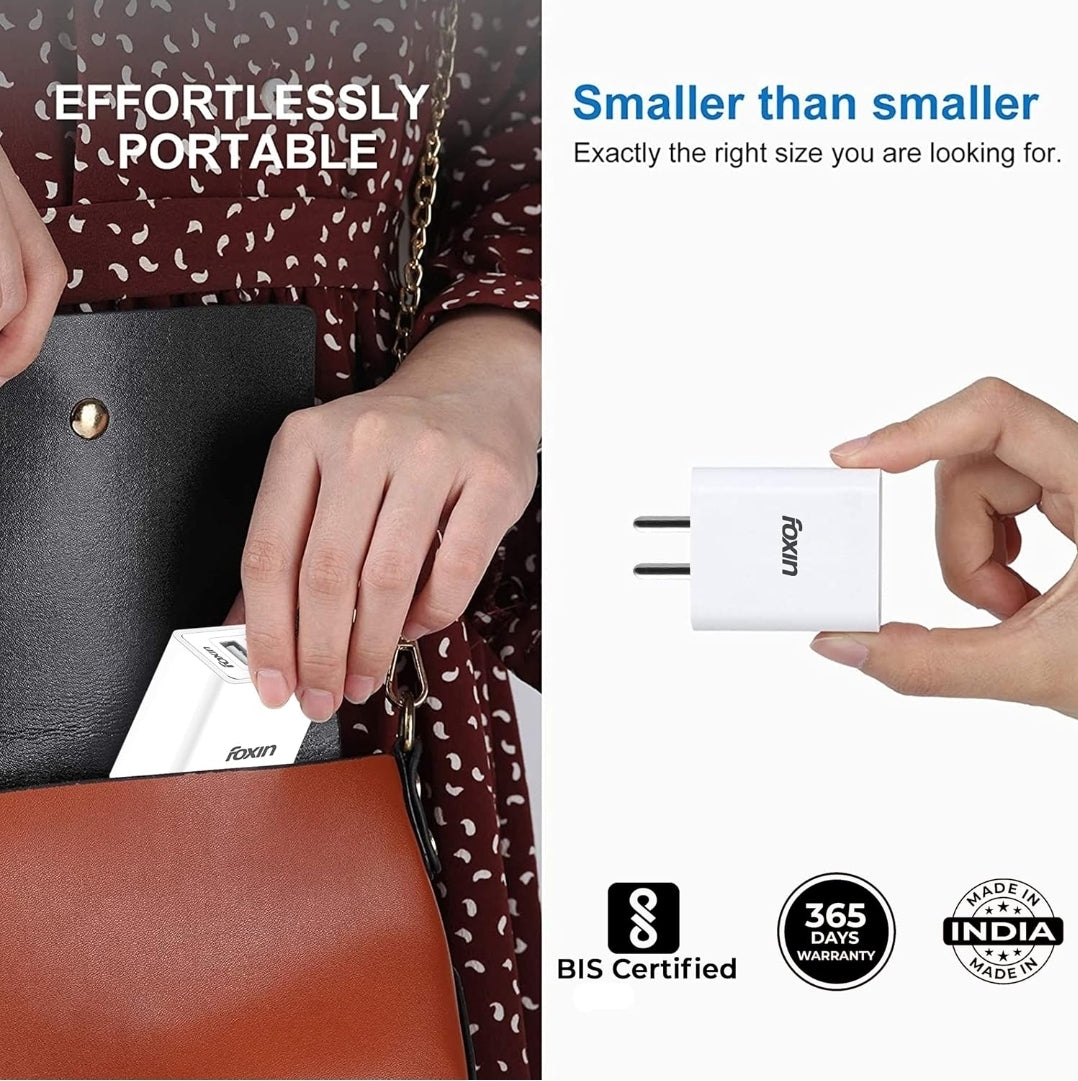 Foxin Fpa-235 Super Flash Dual Usb Port 3.4 A Quick Charge Usb Universal Compatible Auto-Detect Technology Bis Certified Fast Power Adapter With 1.2 M Type C Usb Cable For Cellular Phones (White