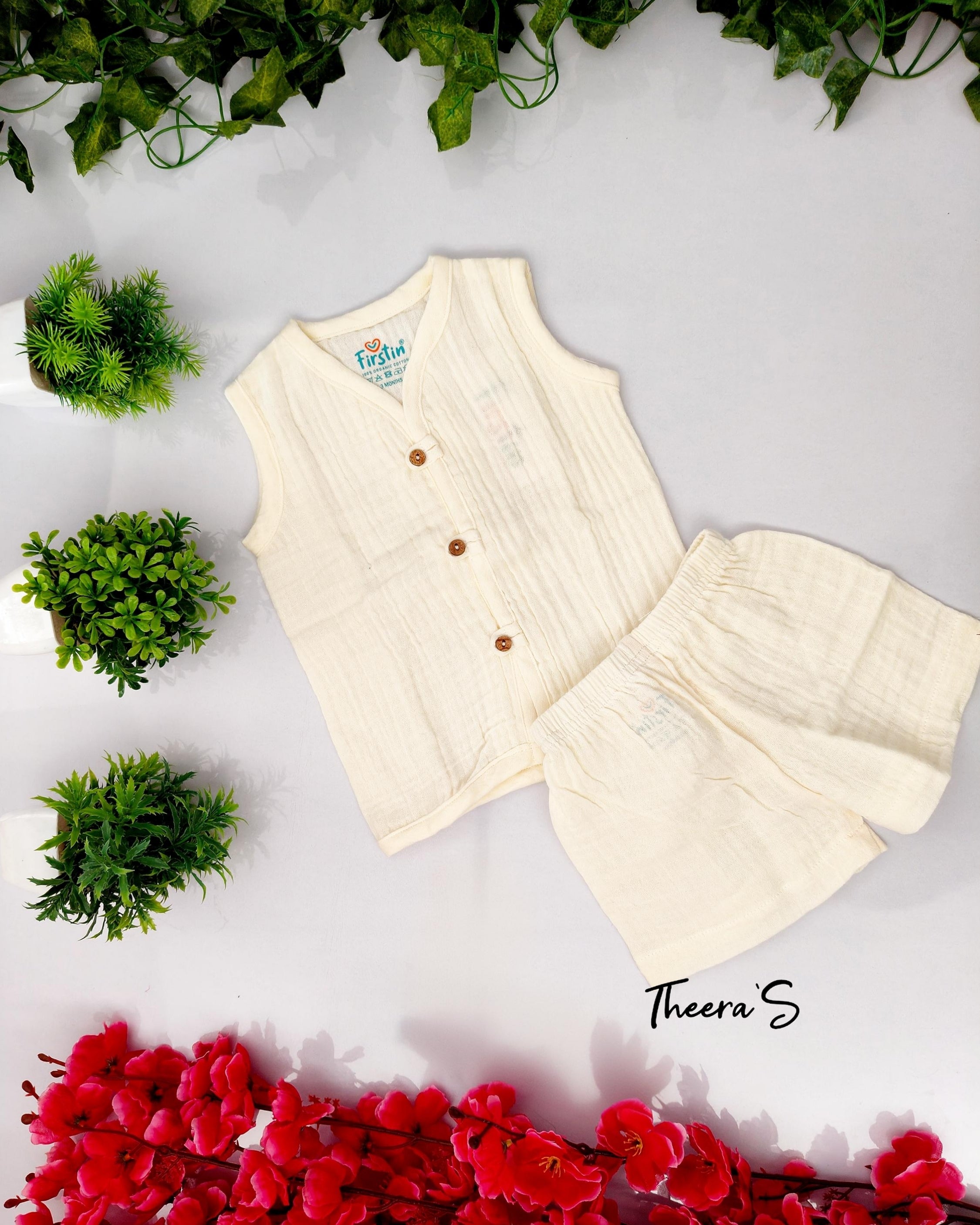 FIRSTIN CRINKLED MUSLIN LOOPS JABLA SHORTS SET (0-24 Months) Sleeveless