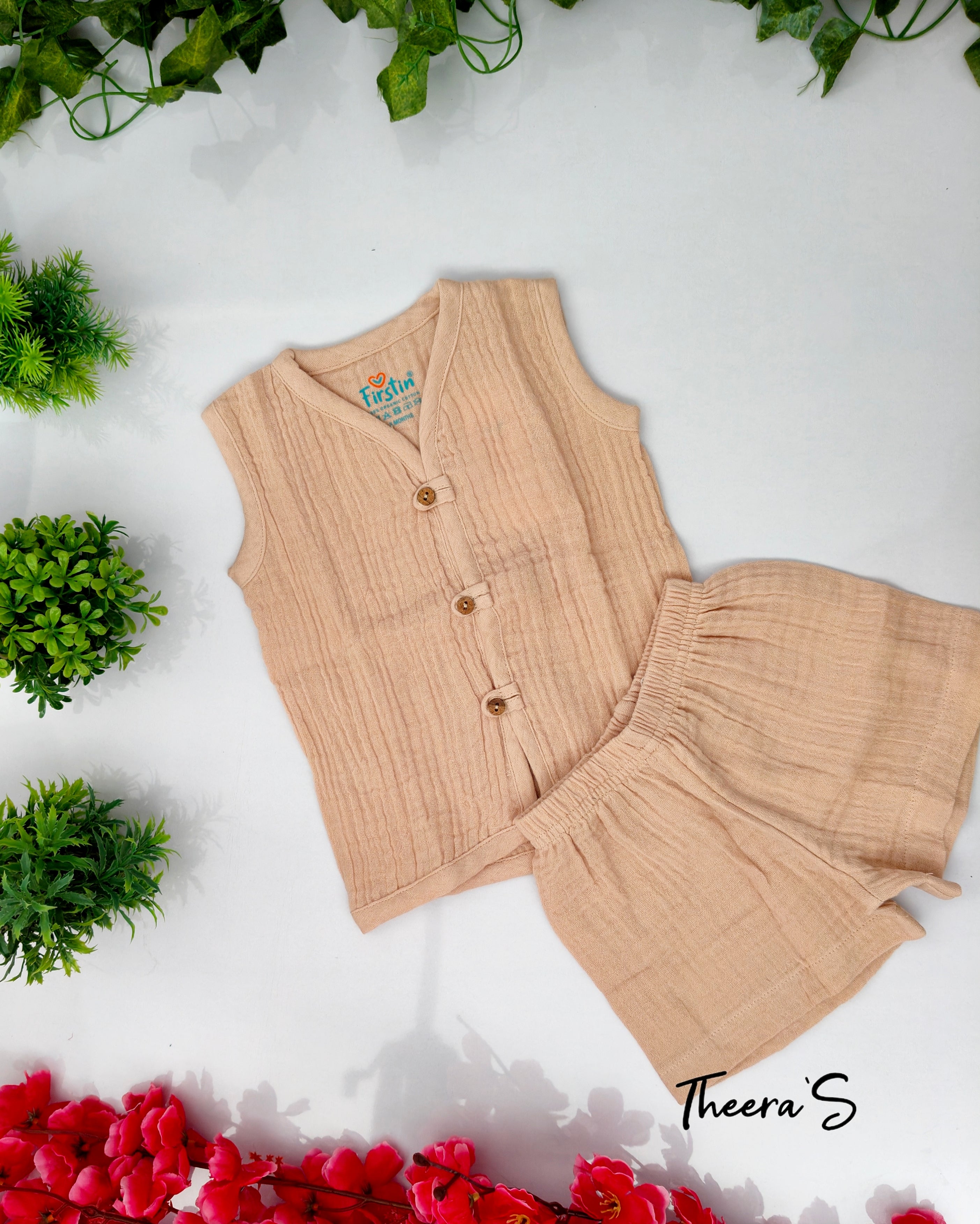 FIRSTIN CRINKLED MUSLIN LOOPS JABLA SHORTS SET (0-24 Months) Sleeveless