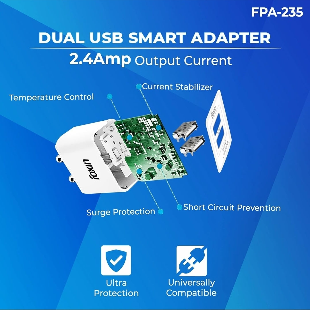 Foxin Fpa-235 Super Flash Dual Usb Port 3.4 A Quick Charge Usb Universal Compatible Auto-Detect Technology Bis Certified Fast Power Adapter With 1.2 M Type C Usb Cable For Cellular Phones (White