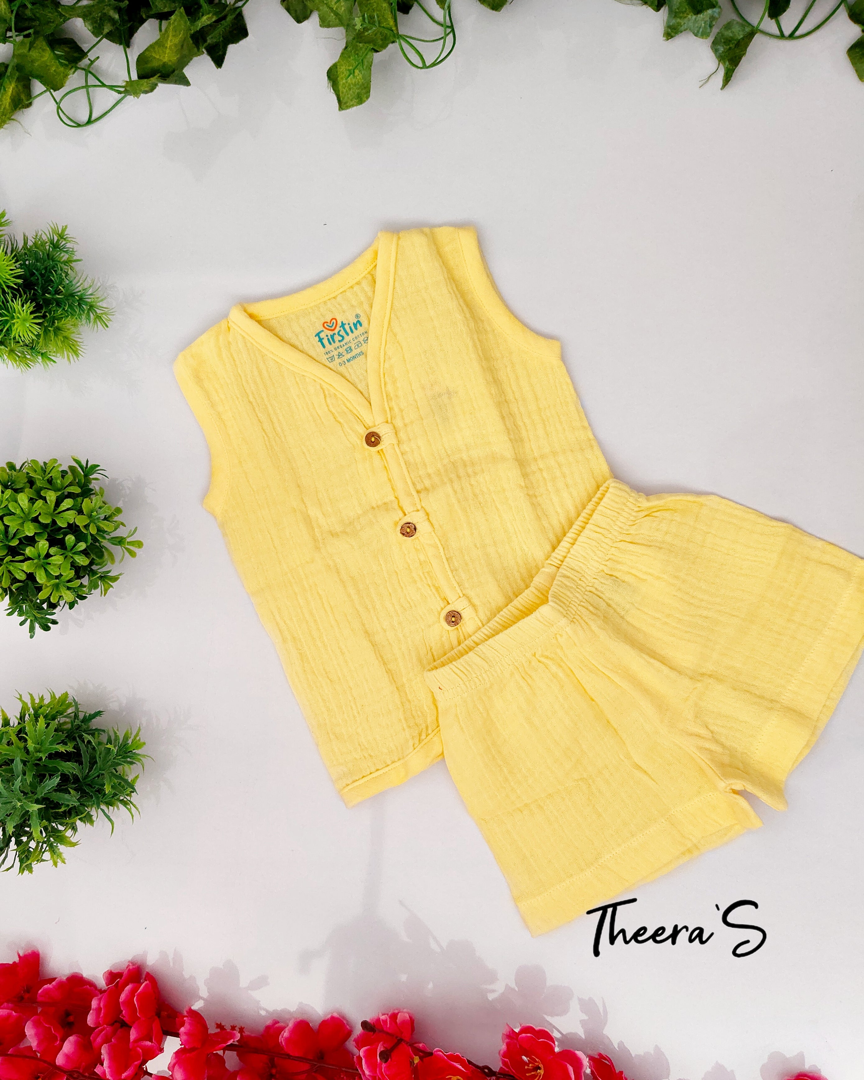 FIRSTIN CRINKLED MUSLIN LOOPS JABLA SHORTS SET (0-24 Months) Sleeveless