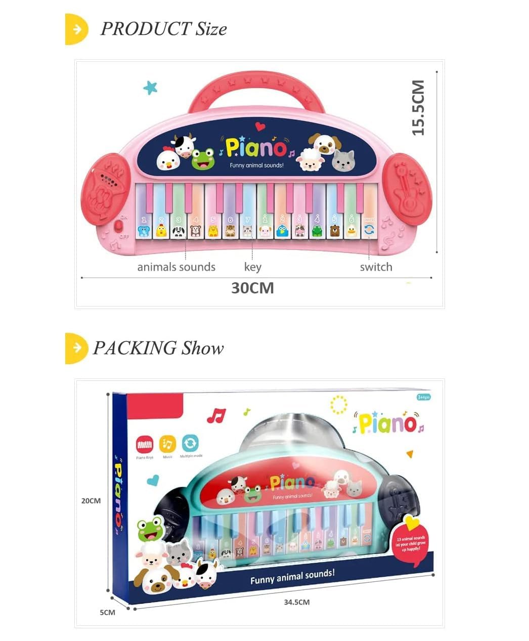 Multi-Functional 24-Key Animal Sound Piano: Portable Musical Toy with Funny Animal Sounds and Modes (Color May Vary)