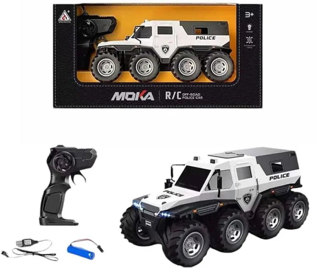 KUDOSS Big Rechargeable Remote Control 8 Tyres Police Patrol Moka 4x4 Stunt Car.Police Themed Moka Car for Kids 40MHz,1:16 Scale.