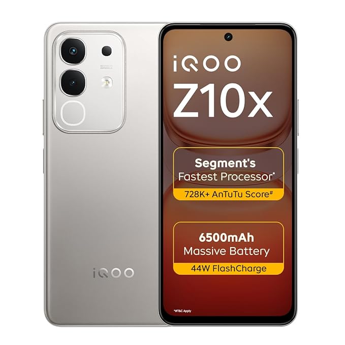 iQOO Z10x 5G (Titanium, 6GB RAM, 128GB Storage) | 6500 mAh Large Capacity Battery | Dimensity 7300 Processor | Military-Grade Durability