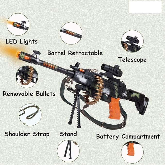Machine Gun Toy with Stand and Carry Strap, Flashing Lights & Sound Effect