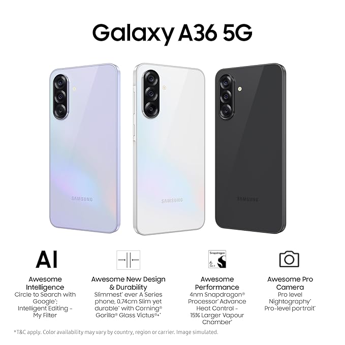 Samsung Galaxy A36 5G (Awesome Black, 8GB, 128GB) | Gemini Live | Awesome Intelligence (AI): Circle to Search, My Filter, Object Eraser | 4nm Snapdragon Processor | Flagship Grade Camera