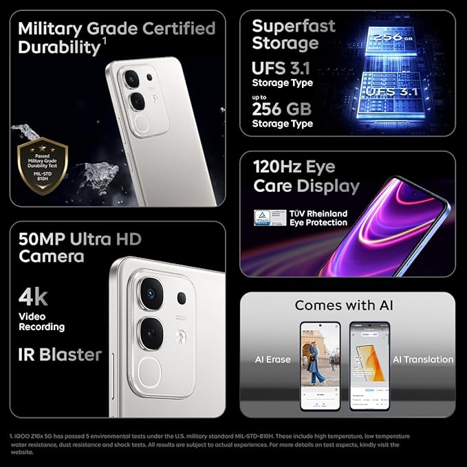 iQOO Z10x 5G (Titanium, 6GB RAM, 128GB Storage) | 6500 mAh Large Capacity Battery | Dimensity 7300 Processor | Military-Grade Durability