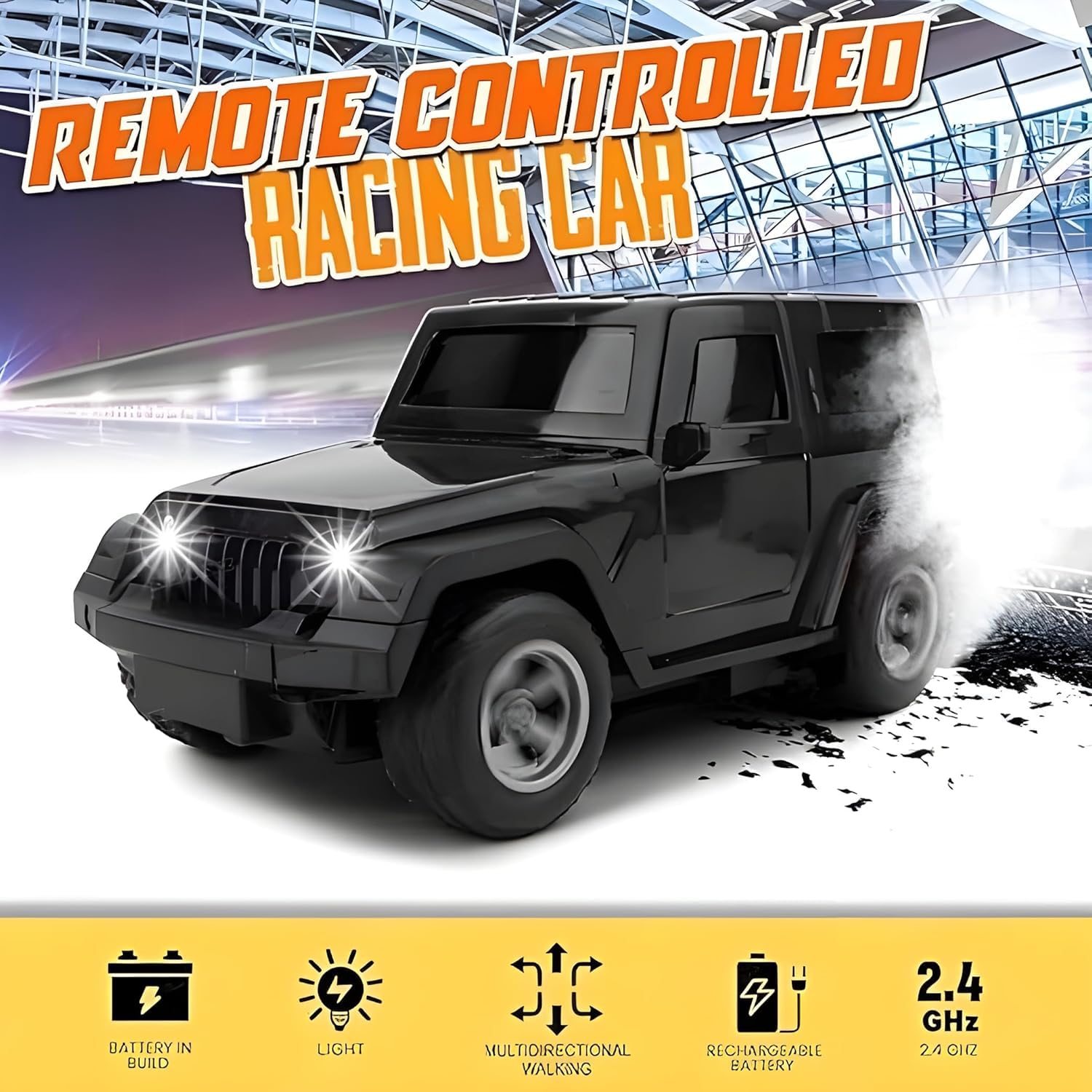 Thar Remote Control Car for Kids | Rc Rechargeable Toy 1:24 Scale with Extra Tyre, Lights & Music | High-Speed Off-Road Vehicle | Best Gift for Unisex Child (Ages 3-6) | Black