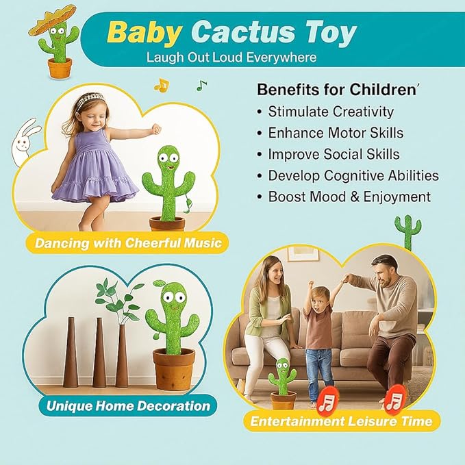 Toy Imagine Rechargeable Talking Cactus Toy for Kids - Musical Dancing, Speaking Cactus Toy for Babies – Educational Talking Toy for Baby Boys & Girls (0-3 Years) – Speaking, Repeating for Toddlers