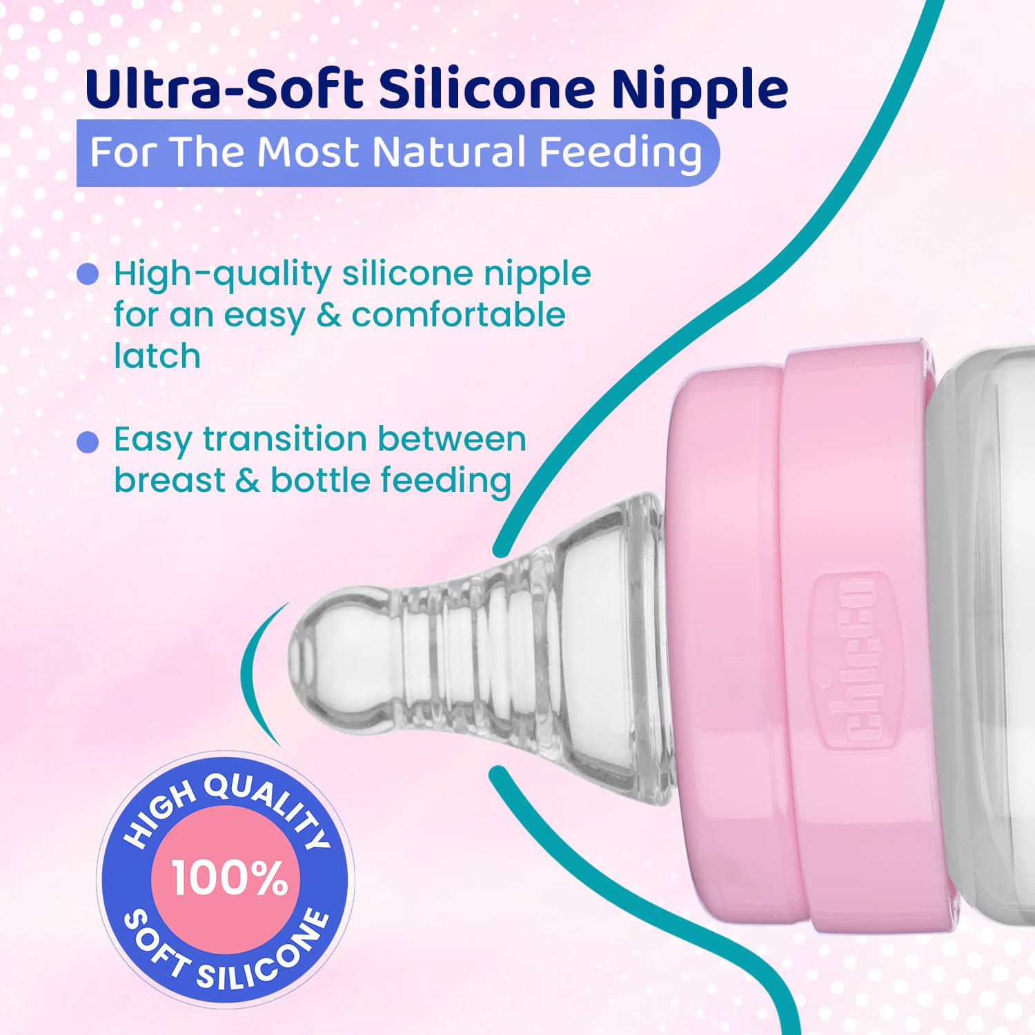 Chicco feed easy Milk Feeding Bottle for Babies & Toddlers, V-Shaped Anti-Colic System to Prevent Colic, Gas & Discomfort, For Comfortable latch, Ultra-Soft Silicone Nipple, Spill-Proof Cap & Stopper, BPA-free, Medium Flow, 2m+ (Pink, 250 ml Bottle, Pink)
