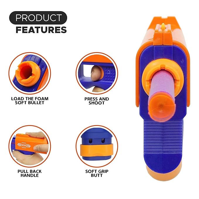 Toy Cloud Mini Soft Blaster Manual Soft Bullet Shooting Toy with 3 Safe Foam Bullets for Kids, Safe and Long Range Shooting Gun - Multicolour