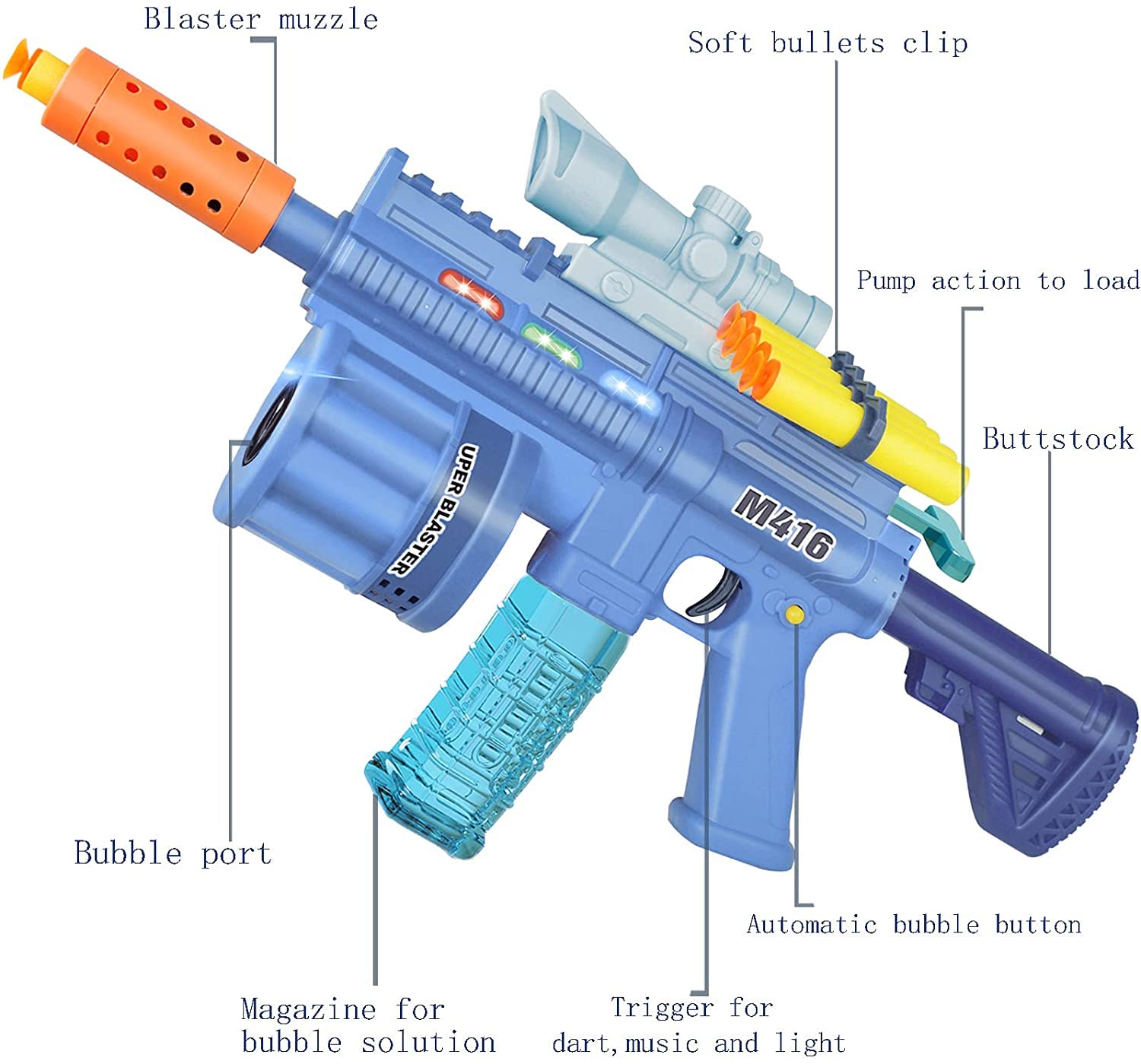 in 1 Soft Bullet Gun With Bubble Maker & Light Music Blaster - M416 Bubble Machine With 8 Foam Darts, 2 Bottle Solutions, Multifunctional Toy, Multicolor