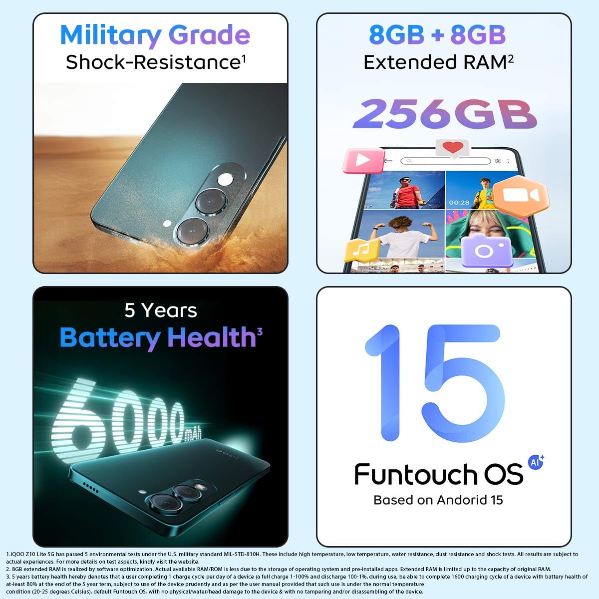 iQOO Z10 Lite 5G (Titanium Blue, 4GB RAM, 128GB Storage) | 6000 mAh Battery | Dimensity 6300 5G Processor with 433K+* AnTuTu Score | IP64 Rated & Military Grade Shock-Resistance*