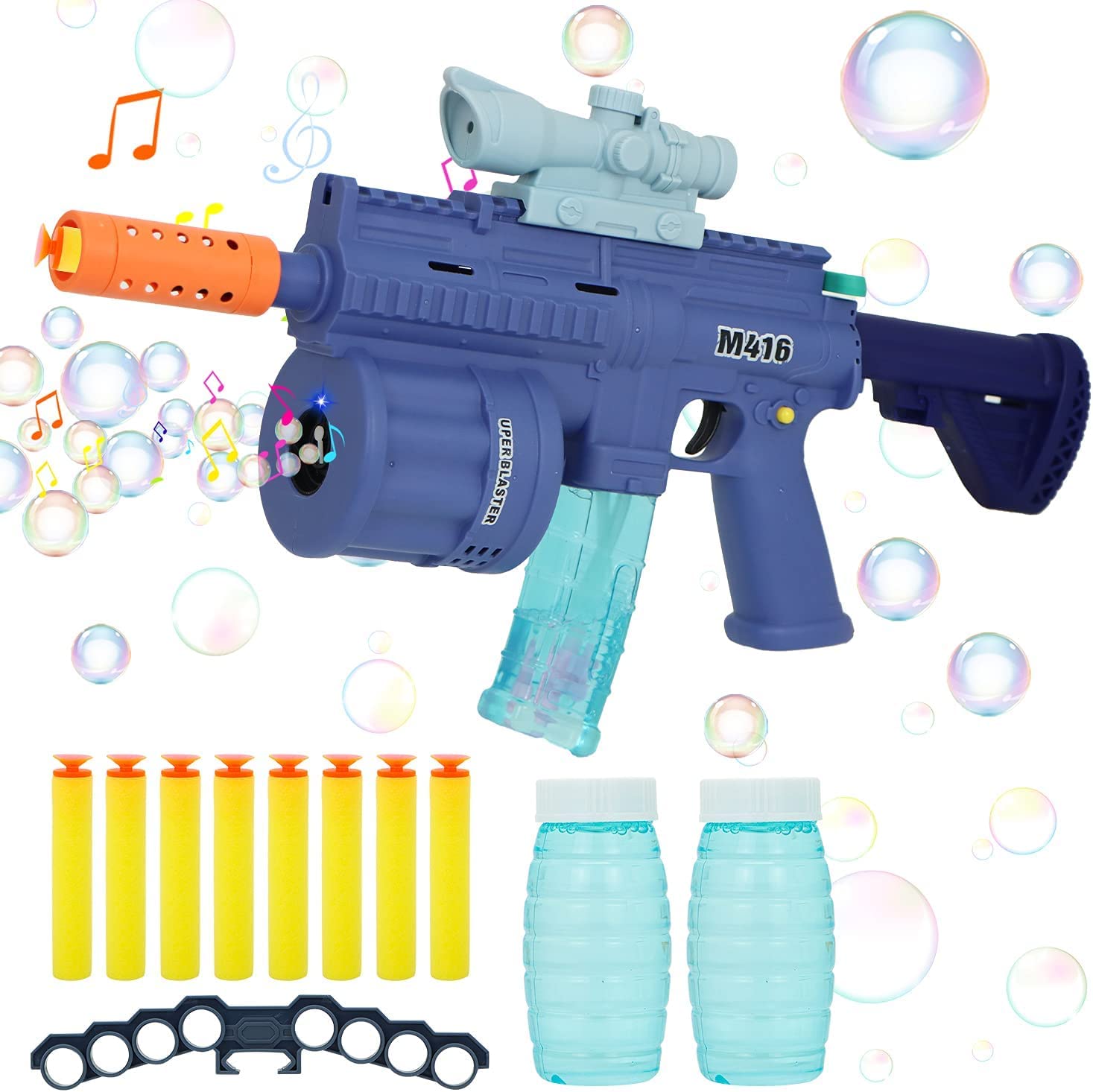 in 1 Soft Bullet Gun With Bubble Maker & Light Music Blaster - M416 Bubble Machine With 8 Foam Darts, 2 Bottle Solutions, Multifunctional Toy, Multicolor
