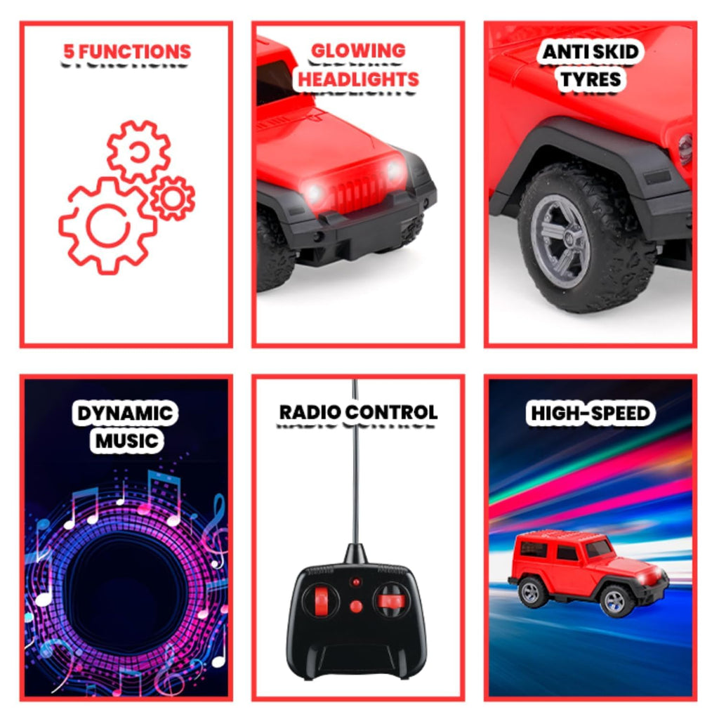 Thar Remote Control Car for Kids | Rc Rechargeable Toy 1:24 Scale with Extra Tyre, Lights & Music | High-Speed Off-Road Vehicle | Best Gift for Unisex Child (Ages 3-6) | Red