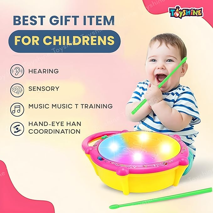 Battery Operated Musical Flash Drum with 3D Lights & Sounds Fun Learning Educational Baby Toy Birthday Gift for Boys Girls 3 Years +
