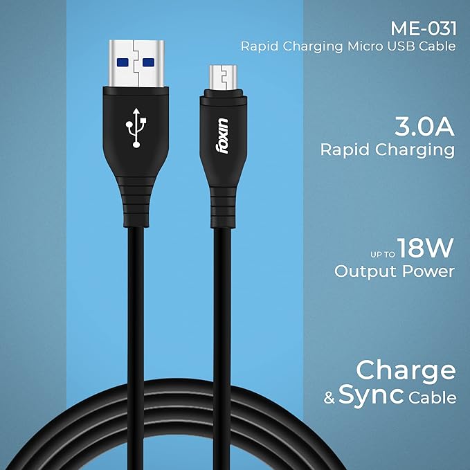 Foxin ME031 Micro USB Cable with 3 Amp rapid charging, 18 Watt output power, high speed data transmission.(BLACK