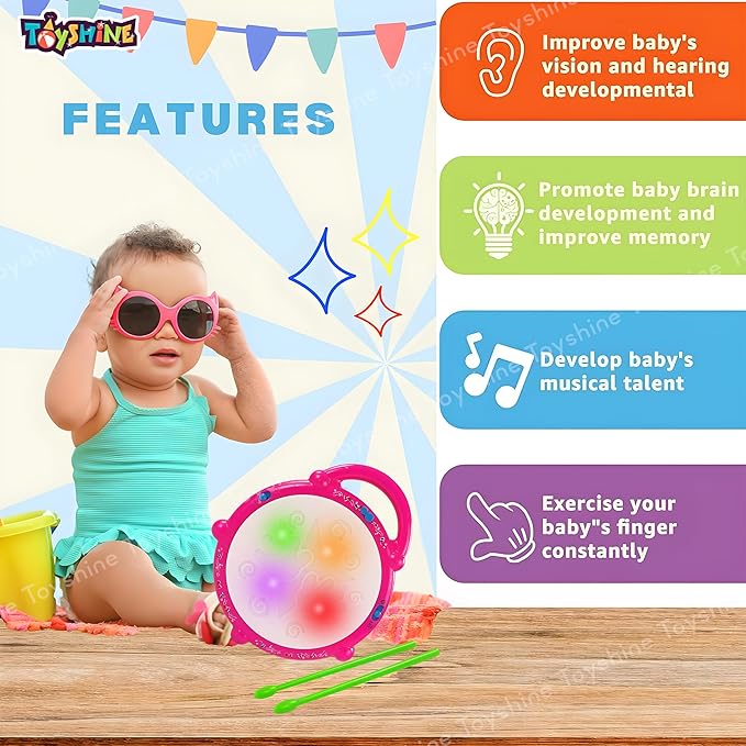 Battery Operated Musical Flash Drum with 3D Lights & Sounds Fun Learning Educational Baby Toy Birthday Gift for Boys Girls 3 Years +