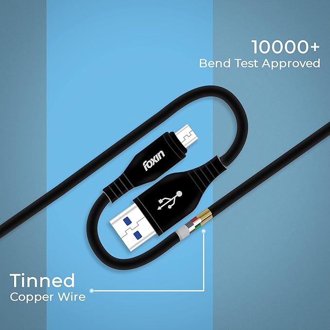 Foxin ME031 Micro USB Cable with 3 Amp rapid charging, 18 Watt output power, high speed data transmission.(BLACK
