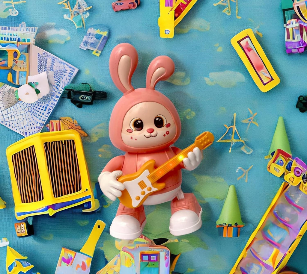 Rabbit Guitarist Toy, Easter Glow Musical Bunny, Electric Rabbit Toys, Sensing Interactive Walking Dancing Toy with Music Sounds & Lights