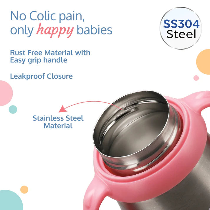 Steel Feeding Bottle, Pink, 240 Ml