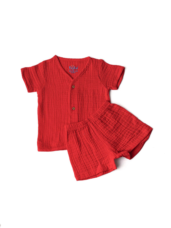 FIRSTIN Muslin Bubble Crinkle Jabla-Shorts Set Half Sleeve - Multicolor