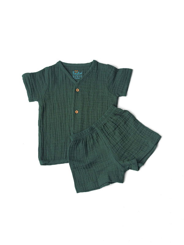 FIRSTIN Muslin Bubble Crinkle Jabla-Shorts Set Half Sleeve - Multicolor