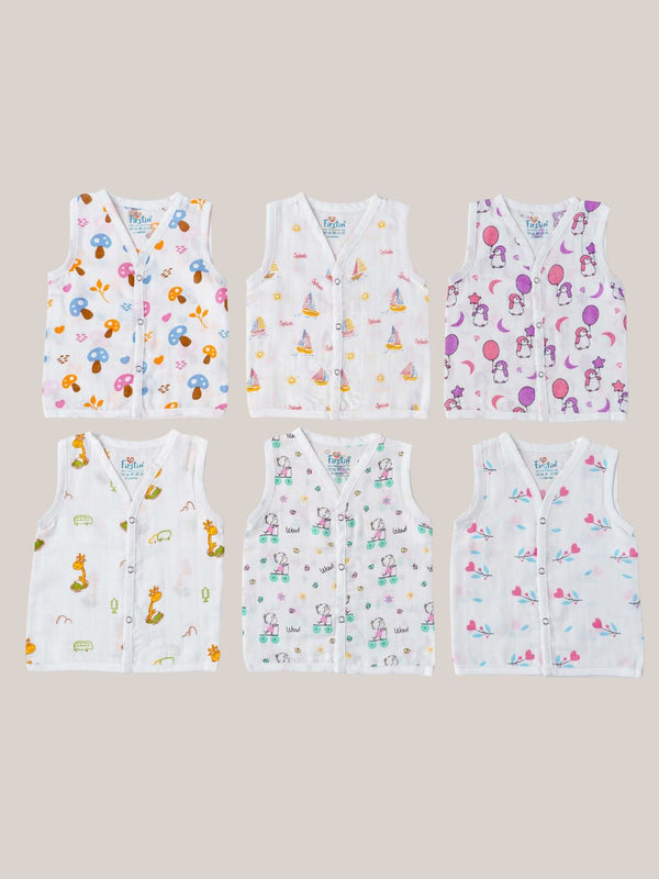 FIRSTIN Muslin COLOR Jabla Snap Button Sleeveless 6 Pcs Pack Combo