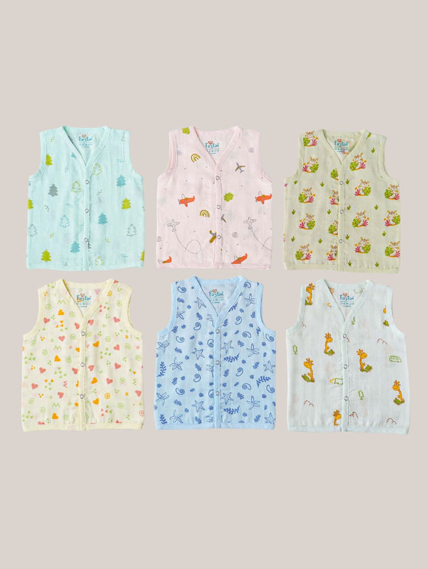 FIRSTIN Muslin Jabla Snap Button Sleeveless Assorted (Any 3 prints) 3 Pcs Pack Combo