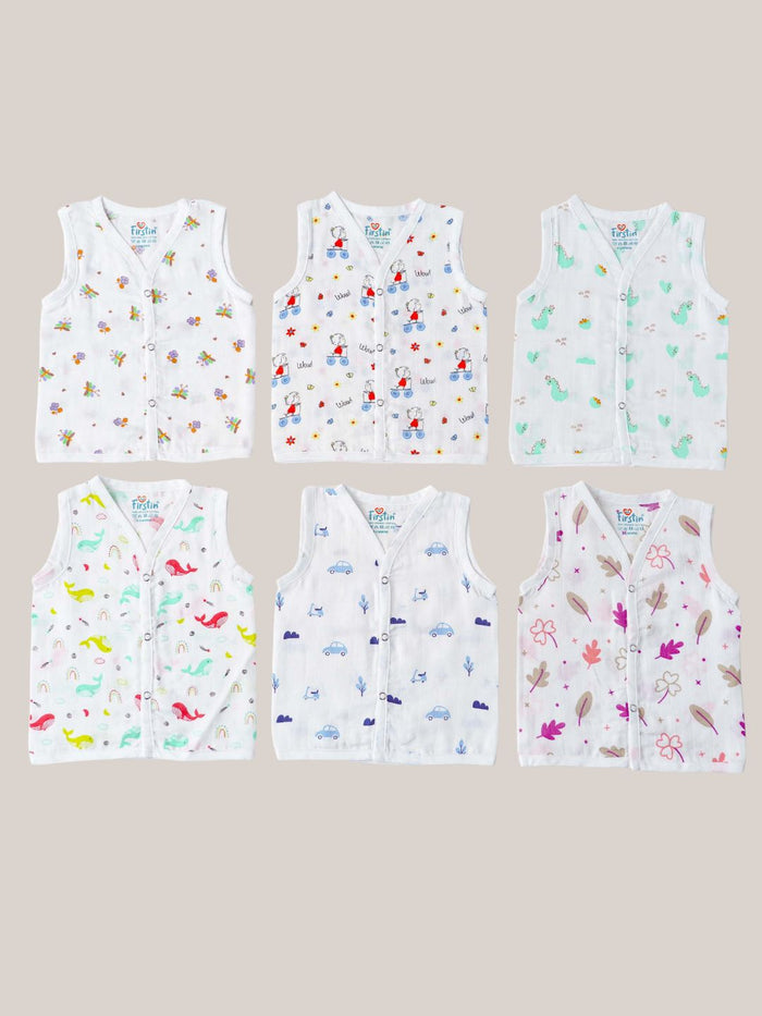 FIRSTIN Muslin COLOR Jabla Snap Button Sleeveless 6 Pcs Pack Combo