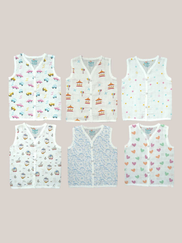FIRSTIN Muslin COLOR Jabla Snap Button Sleeveless 6 Pcs Pack Combo