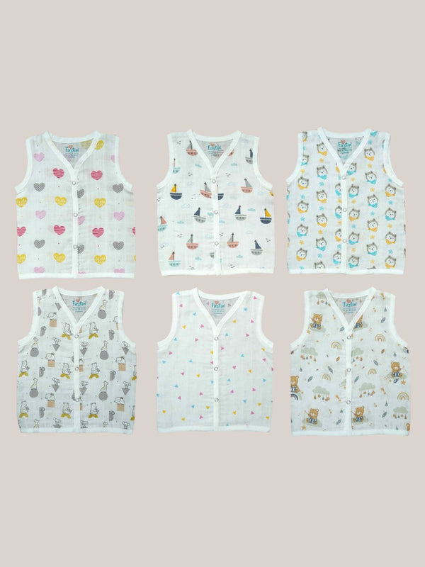 FIRSTIN Muslin Jabla Snap Button Sleeveless Assorted (Any 3 prints) 3 Pcs Pack Combo